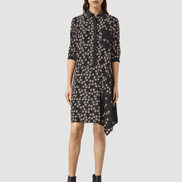 All Saints Dresses & Skirts - AllSaints Womens Floral Silk Shirt Dress Size 8 Black Quiet Luxury Asymmetric
